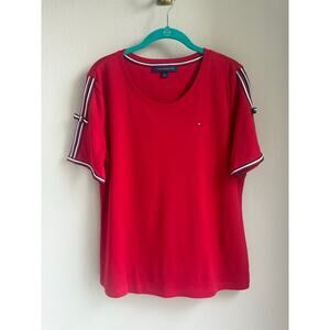 Red Tommy Hilfiger T-Shirt with Bow and Ribbon detail on sleeves - Size Large